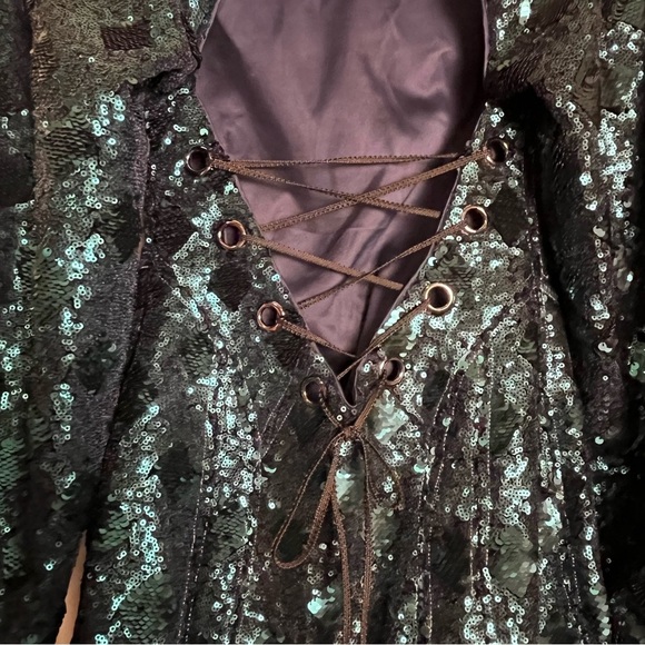 Free People Teal Sequined Chantes Holiday Backless Blouson Sleeves Dress Size 2 - Picture 10 of 16